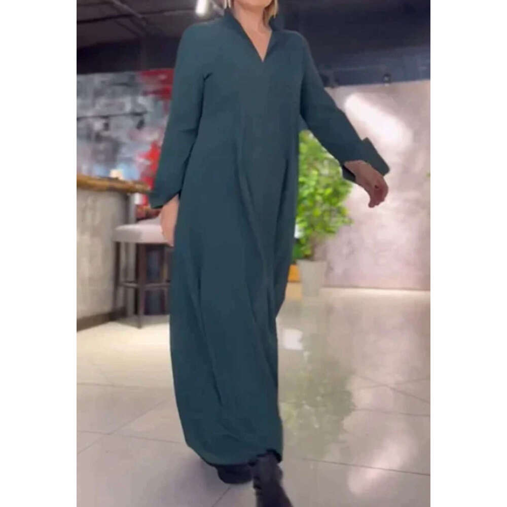 Autumn Winter New European And American Casual Loose Solid Color V-Neck Pullover Long Sleeved Dress For Women