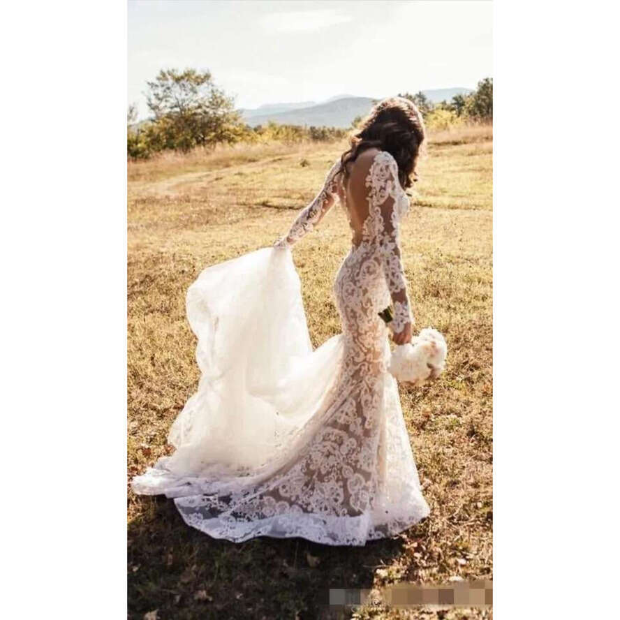 Sexy Backless Mermaid Dresses Lace Long Sleeves With Overskirt Sweep Train Plus Size Garden Country Wedding Bridal Gown