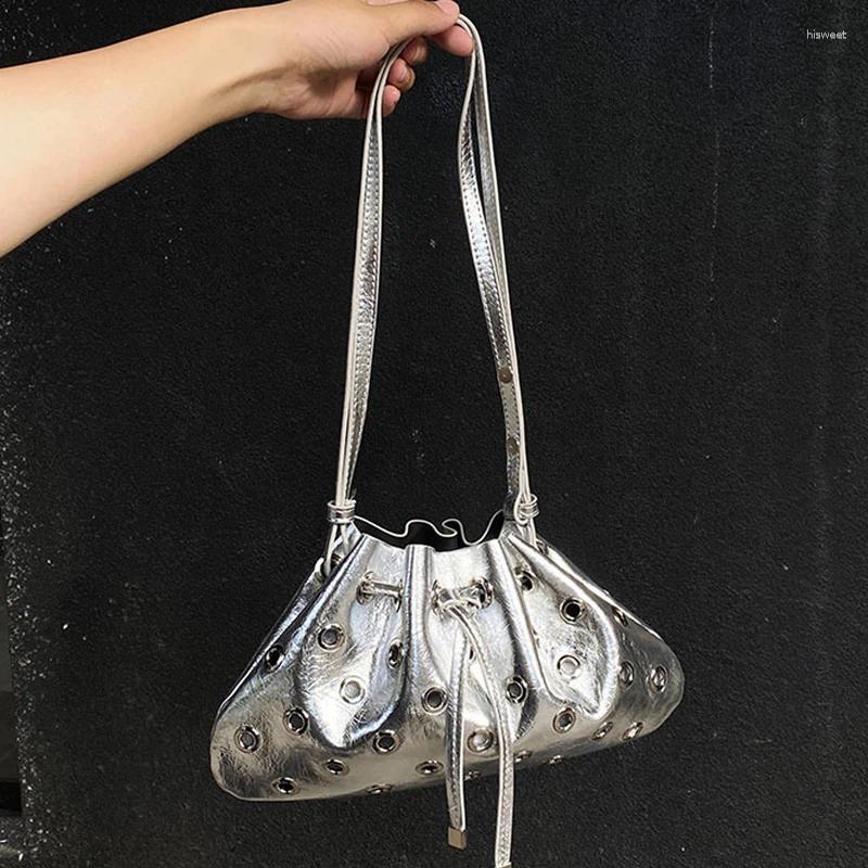 Totes Hollow Out Drawstring Bucket Bags For Women Luxury Designer Handbag Purses 2025 In Fashion Silver Buttonhole Rivet Shoulder