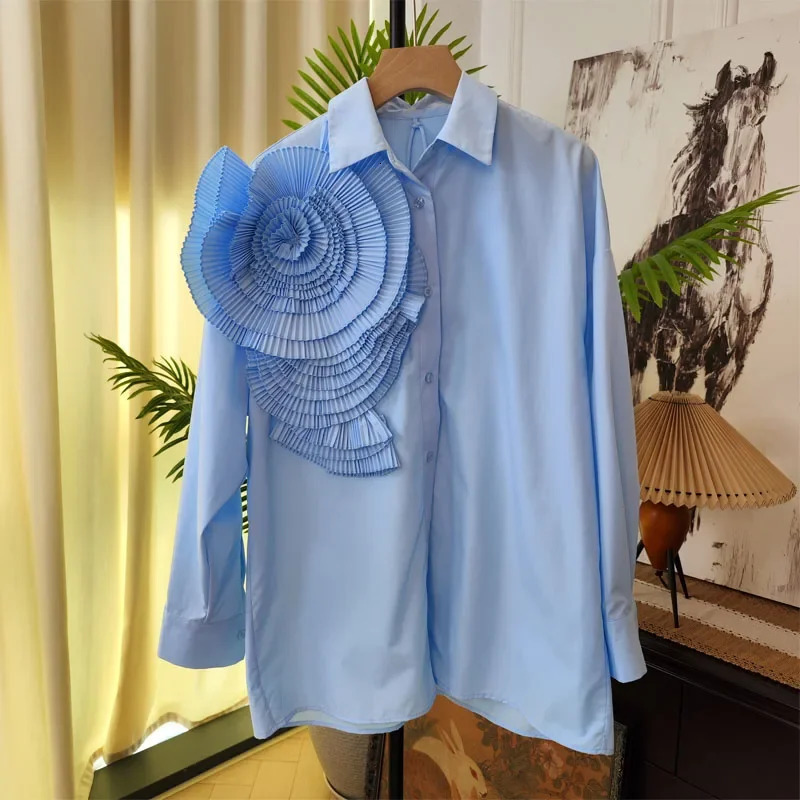 Hikigawa Chic Fashion 3D Floral Turn Down Collar Vintage Blouse Solid Elegant Shirt All Match Casual Blusas Top Mujer De Moda 250225