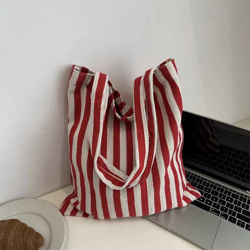 literary handbag simple striped canvas bag large capacity shoulder bag Z250224