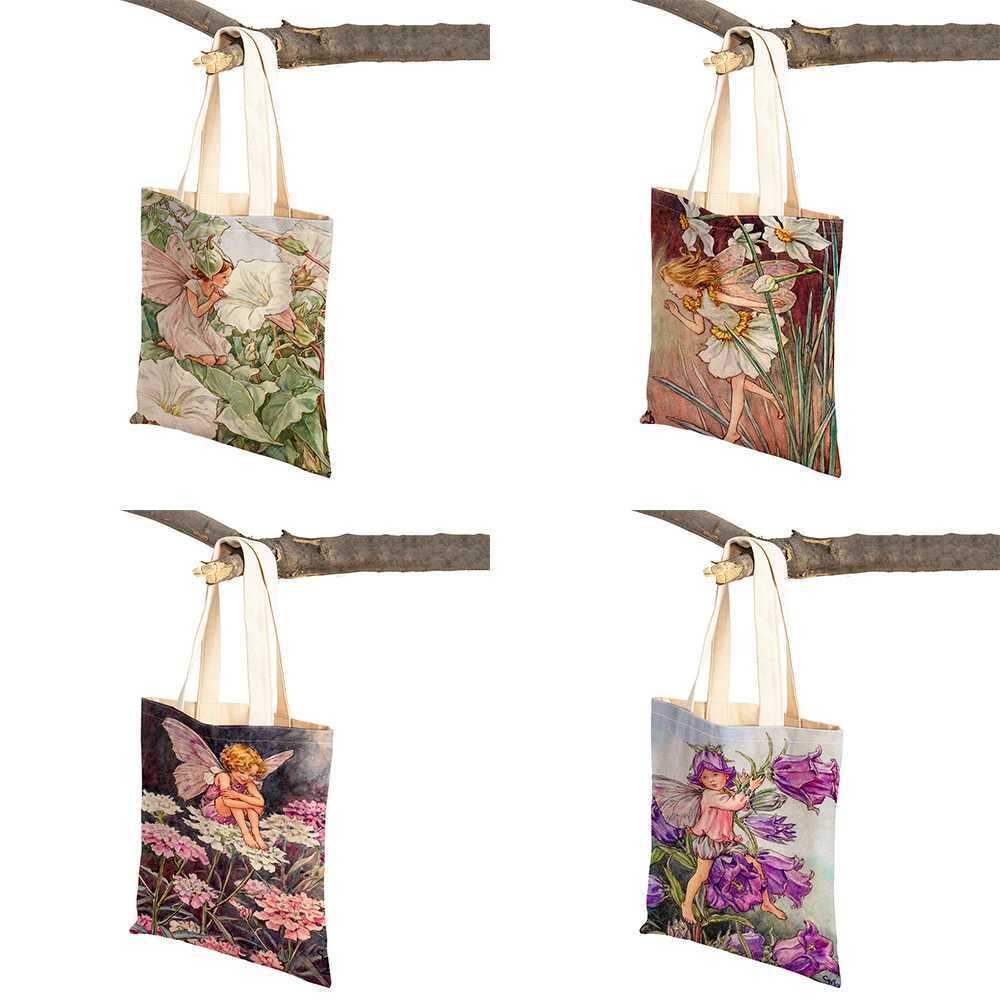 Double Print Child Shopper Bags Casual Fairy Tale World Elves Linen Tote Handbag Cute Cartoon Flower Girl Shopping Bag for Women Z250224
