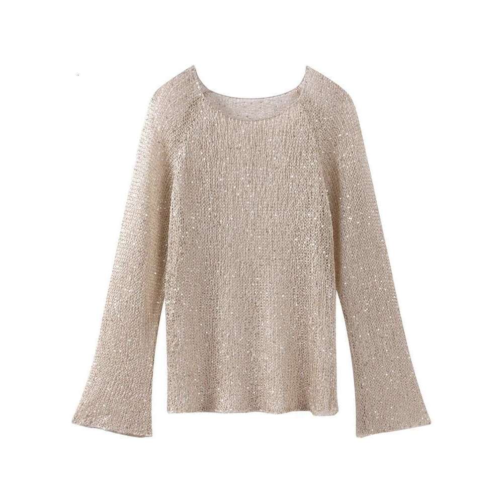 Women's Wear Fashion Sequin Knitted Hollow Out Pullover For Women See Through Elegant O-Neck Loose Long Sleeve Sweater Spring Female Chic Top