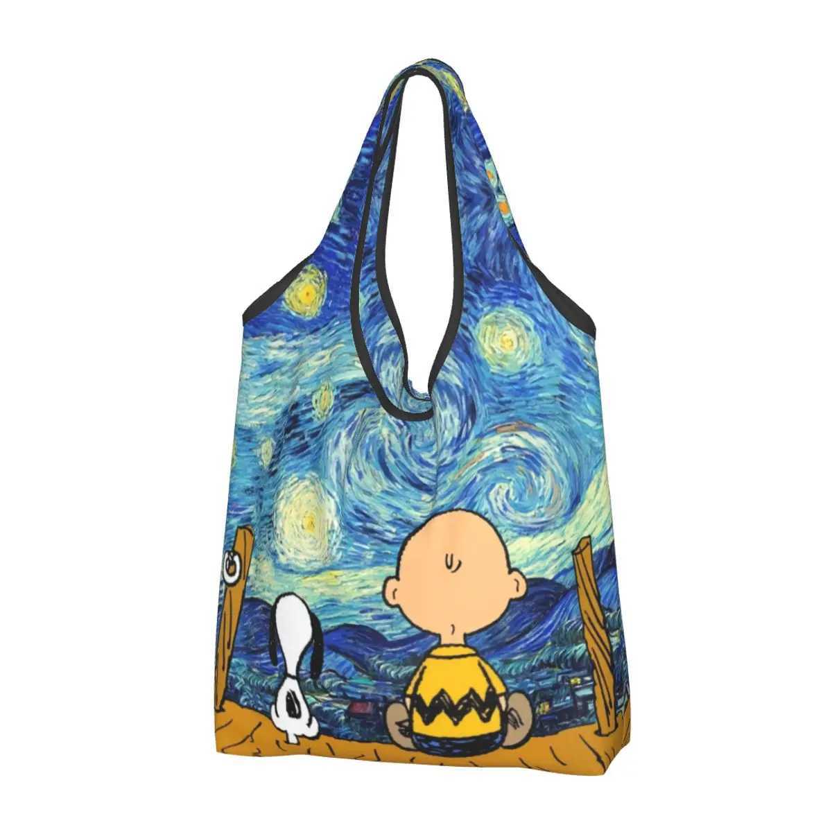 Custom Van Gogh Landscape And Charlie Brown Shopping Bag Women Portable Big Capacity Grocery Shopper Tote Bags Z250224