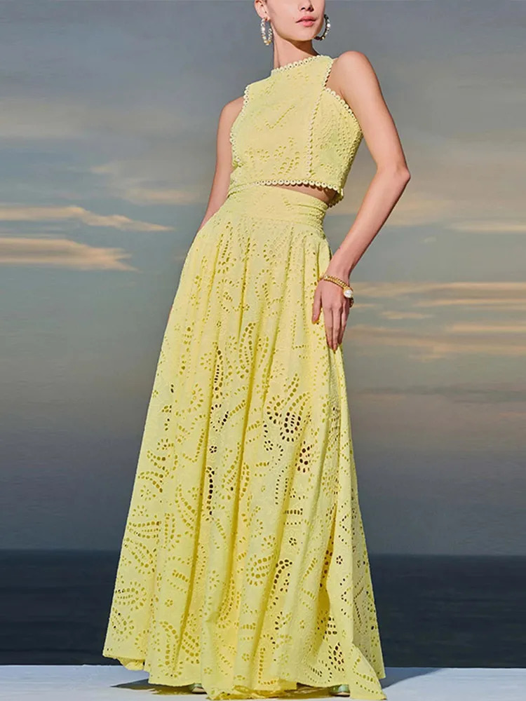 Hollow Out Sleeveless Top Half Skirt Set Embroidered Pocket Long Skirts Casual Holiday Temperament Waist Cinching Two-Piece Set 250224