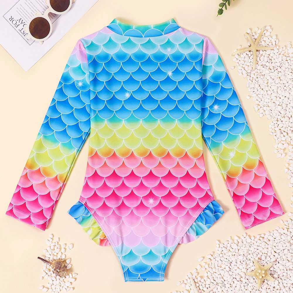 Girls long sleeved swimsuit one-piece swimsuit childrens striped rainbow swimsuit Hawaii beach swimsuit surfing X250224