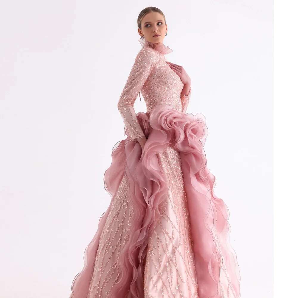 Fashion pink muslim bright lace evening long high collar full sleeves o ball dresses with pleated organza