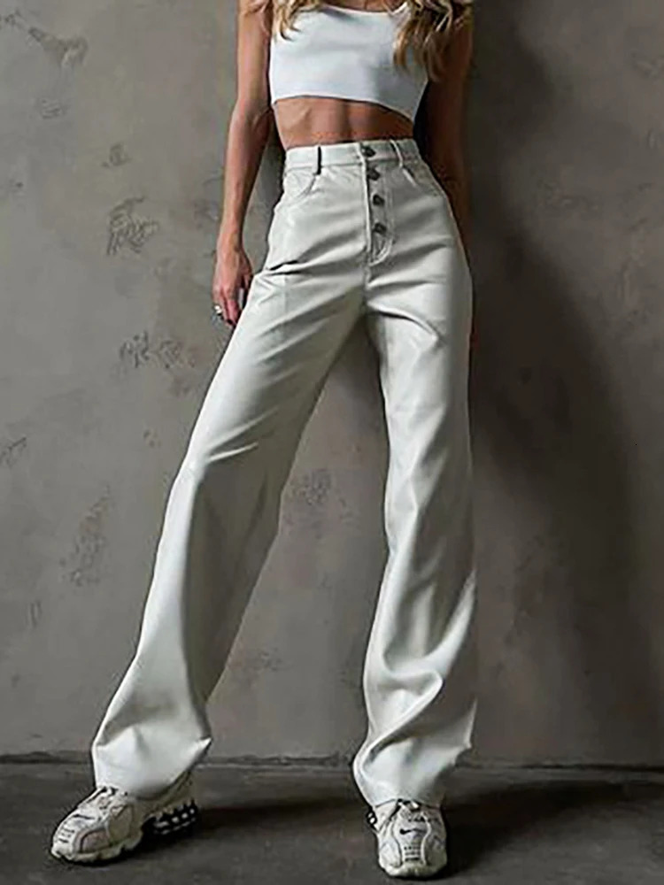 Cryptographic Fashion White PU Leather High Rise Pants Streetwear Casual Button Up Straight Leg Pants for Women Trousers Pants 250224