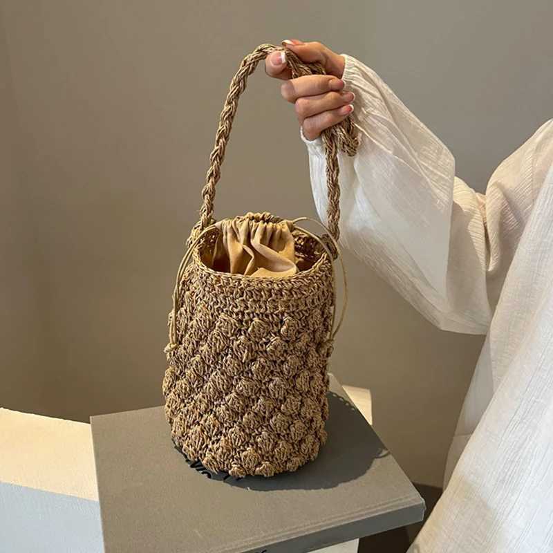 Handmade Woven Bucket Bag for Women Bohemian Shoulder Bags Knitted Summer Straw Beach Bag Female Round Cut Out Handbags