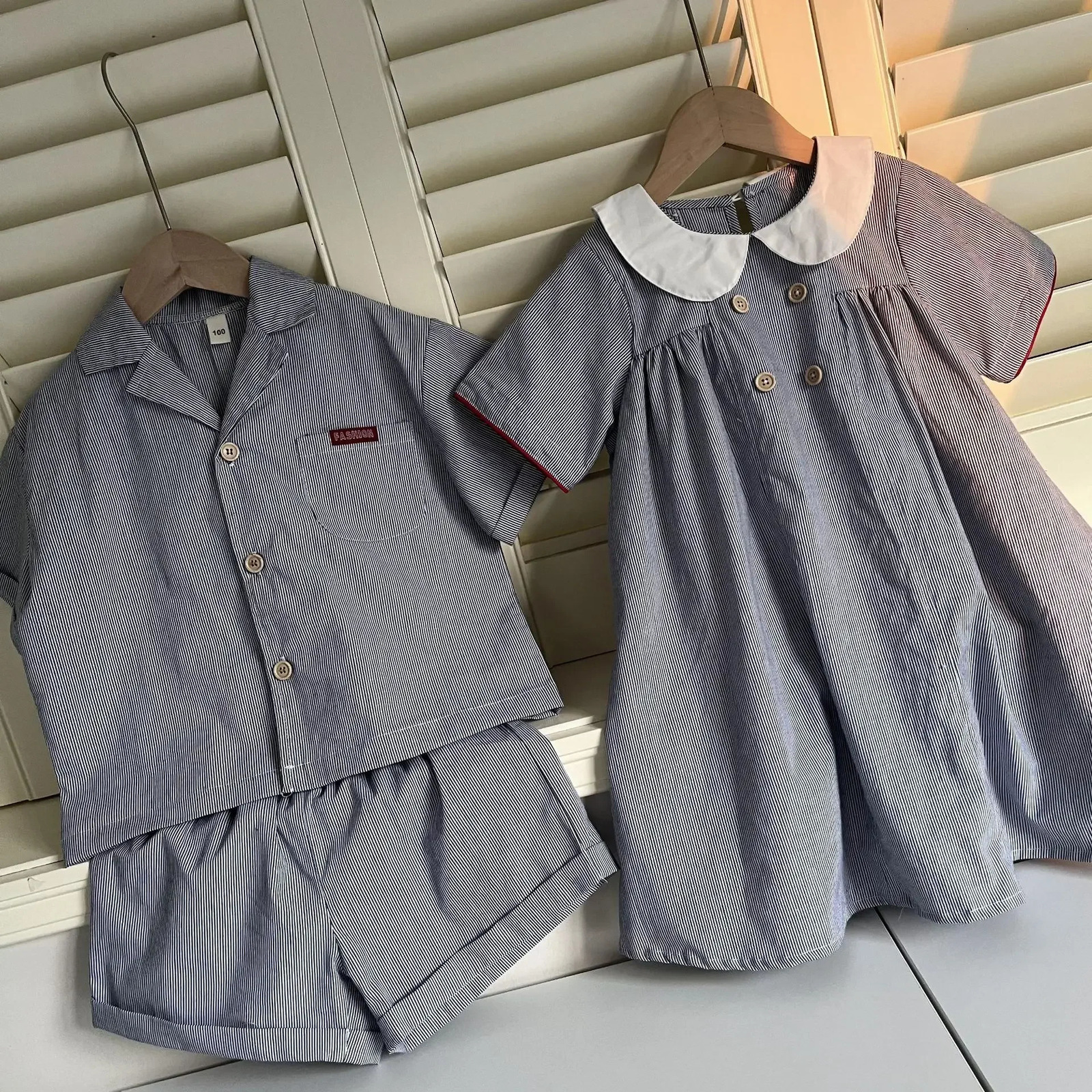 5358 Brothers and Sisters Clothes Summer Baby Boys Suit Shirt Short Leisure Or Girl Dress 250221