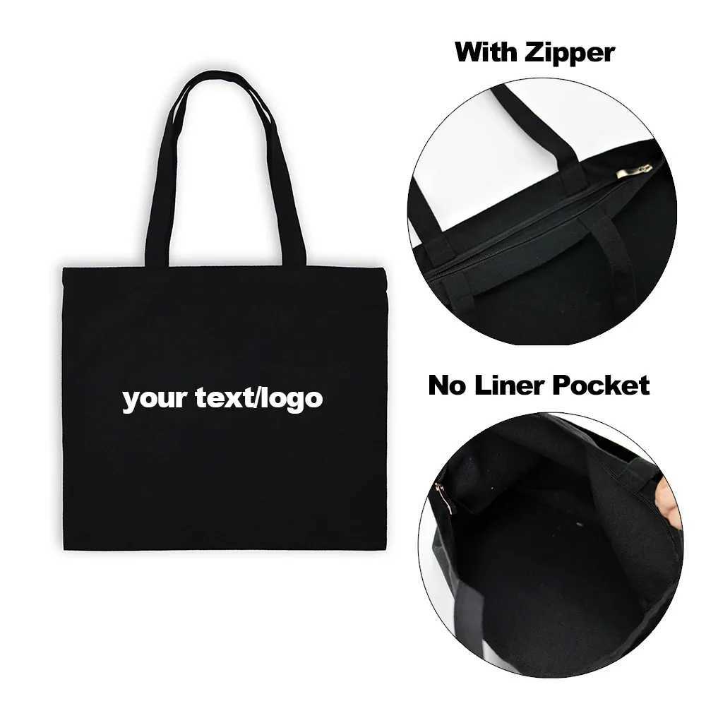 Fashionable custom shopping bag zippered shopping handbag womens eco-friendly reusable canvas bag black white beige Z250224
