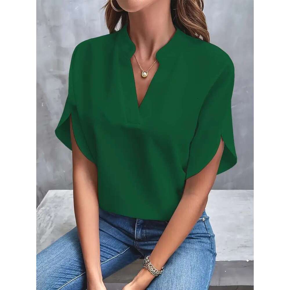 European And American Women's Summer Casual Solid Color V-Neck Loose Shirt Top For Women
