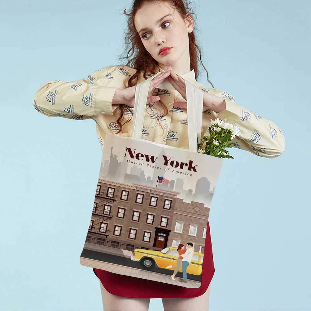 Fashion City Map London New York Paris Spain Shopping Bag Handbag Womens Handbag Casual Canvas Womens Shopping Bag on Both Sides Z250224