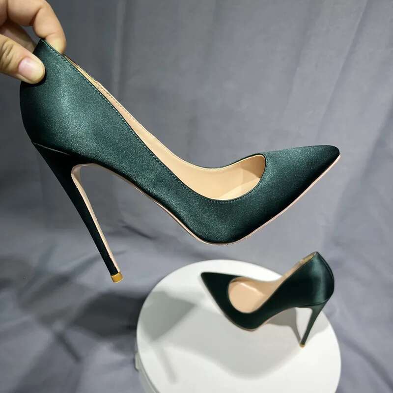 Dark Green Satin Women Pumps Party Dress Nightclubs Slip on 10Cm High Heels Female Shoes Size 33-45 250311