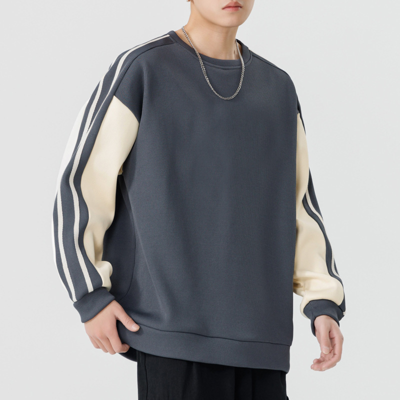 PL02243 New American style contrast color stitching long-sleeved T-shirt striped versatile sweatshirt