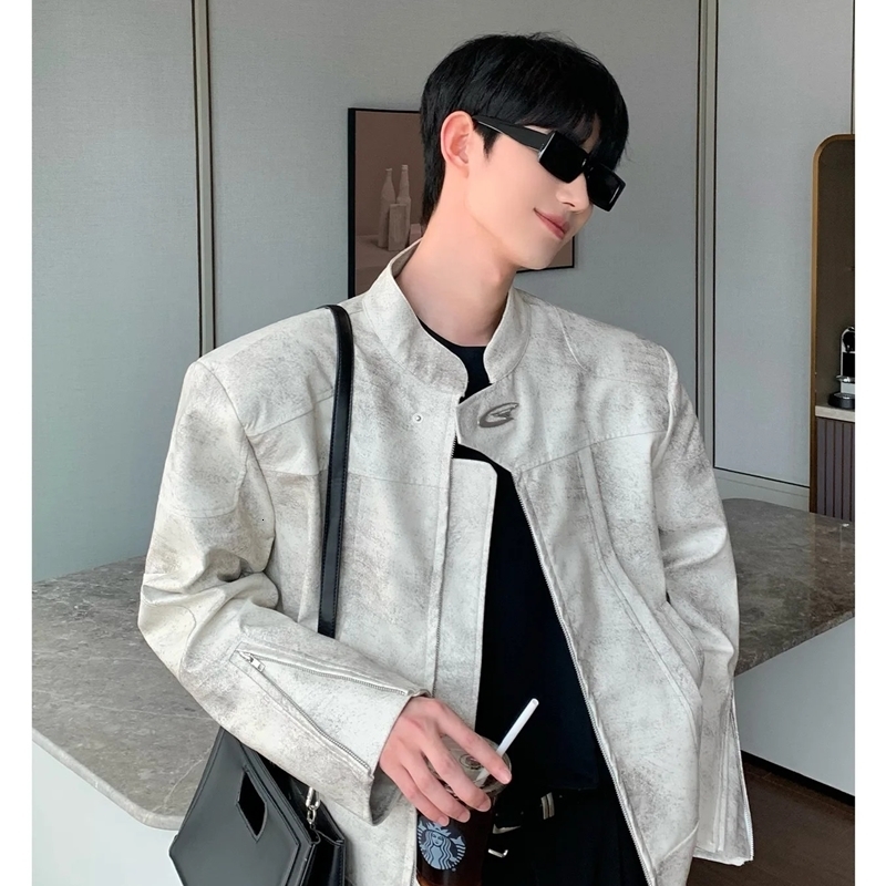 NicheHigh-End FeelStand Collar Motorcycle Leather Jacket 2024 Loose-Fit Cropped Shoulder Clip Jacket For Men 250122