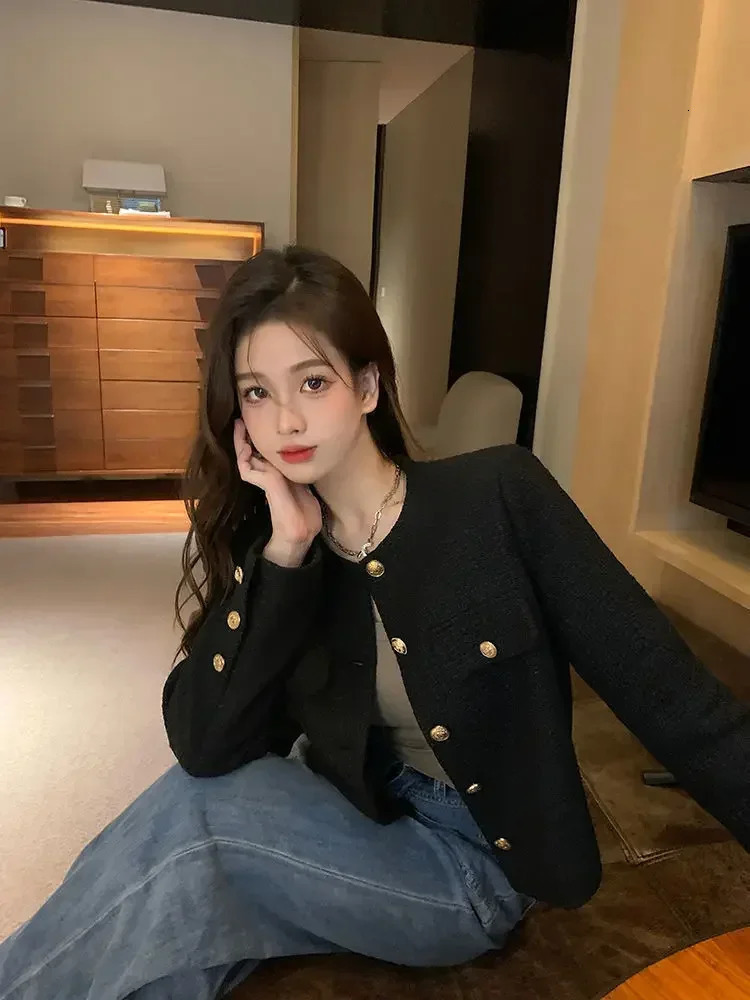 Wool Coat Women Jacket Short Autumn Winter Cardigan Long Sleeve Top Single Breasted Tweed Versatile Wool Top Full Sleeve 2024 250224