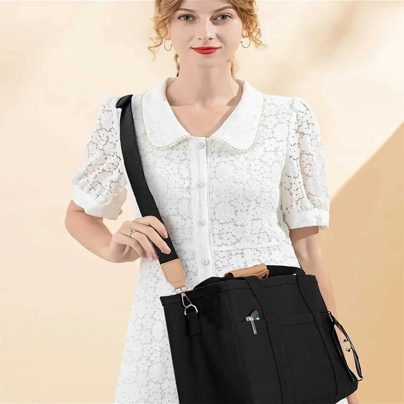 Womens casual canvas handbag with multiple pockets and large capacity adjustable shoulder straps casual shoulder straps shopping bag Z250224