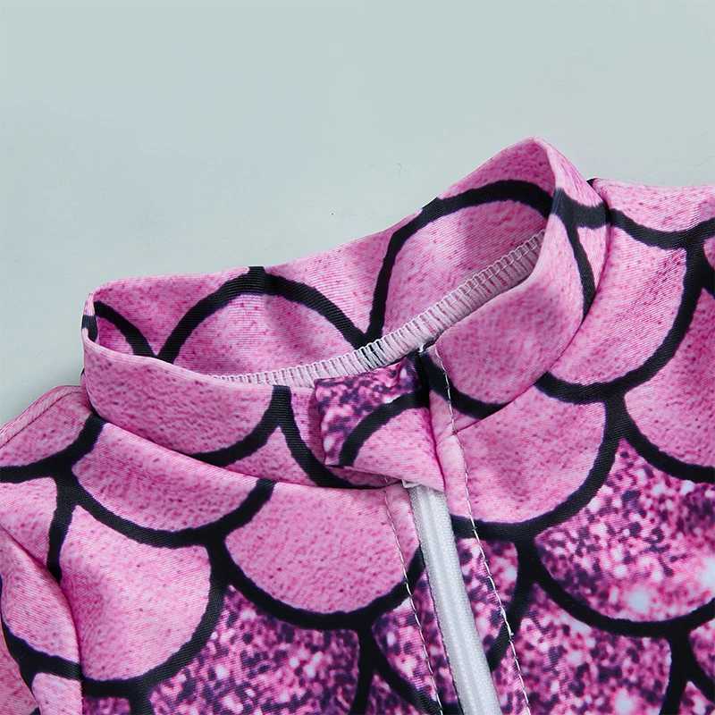 Mermaid print swimsuit zipper closure pleated plain neck suitable for young children and girls - UV protection Rush protection bath X250224