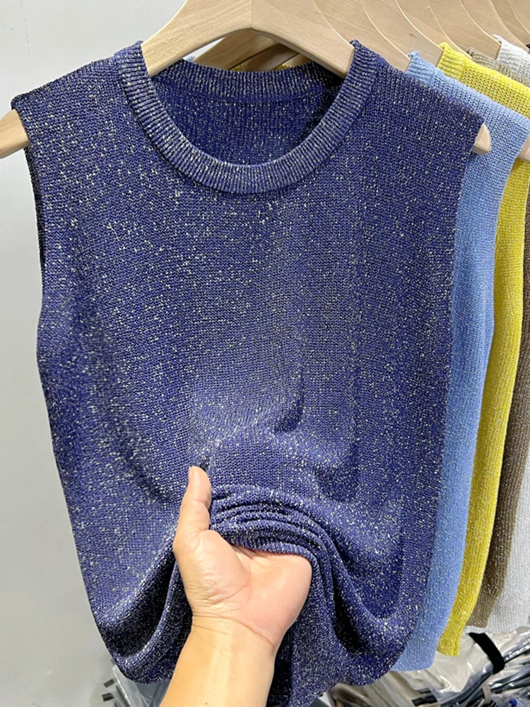 2025 Summer Women Knitted Green Tank Tops Women Thin Tops Basic Casual Tank Tops O-neck Tees Sleeveless Tops For Women 250224