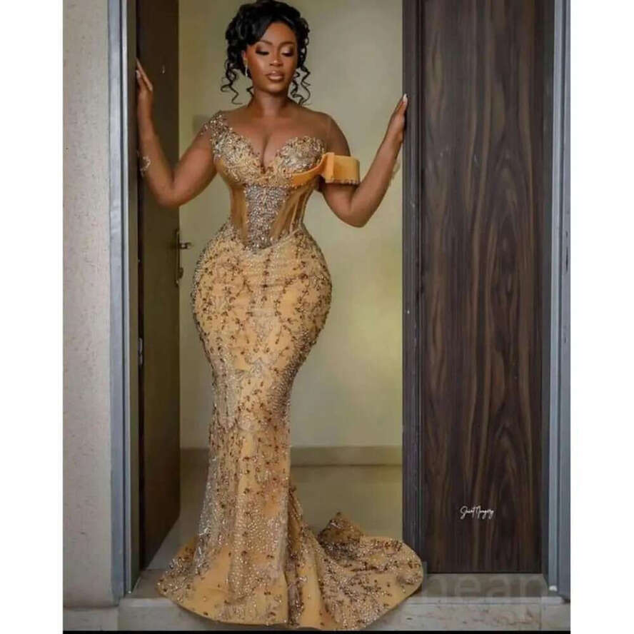 Gold Aso Ebi Arabic Mermaid Prom Dresses Beaded Crystals Urious Evening Formal Party Second Reception Birthday Engagement Gowns Dress ZJ