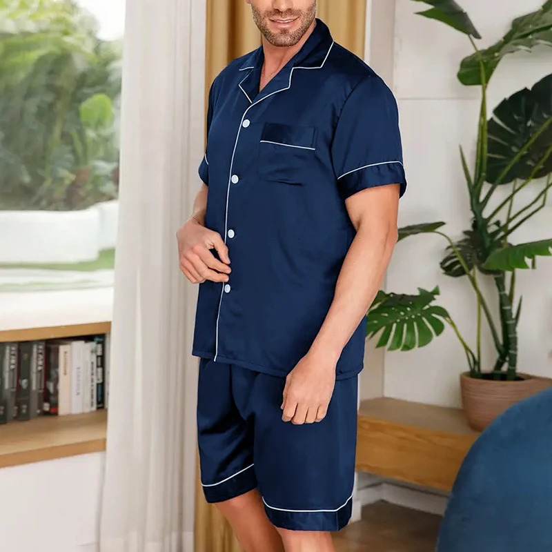Mens Pajamas Set For Summer Short Sleeve Pocket Button Down Shirt Shorts Pyjama Loungewear Set Sleepwear Pijama Home Clothing 250224