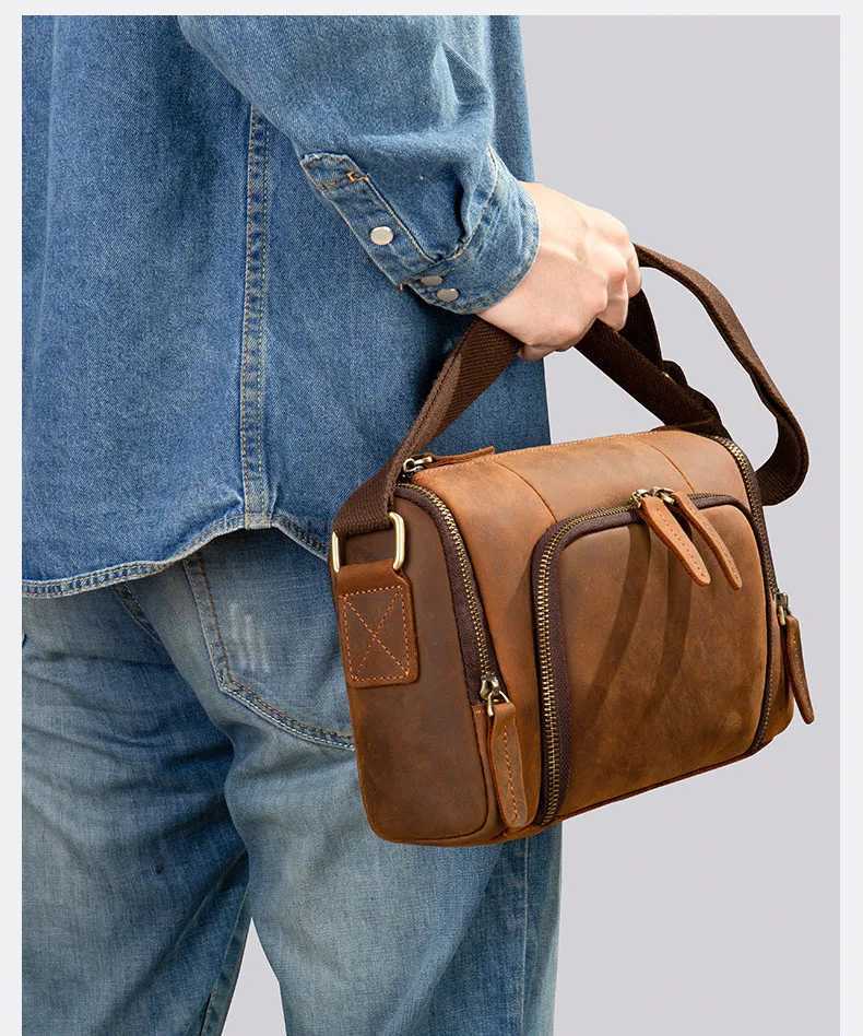 2025 new design fashion horizontal cylinder bag crazy horse leather men shoulder bag leather messenger bag shopping vintage bag Z250225