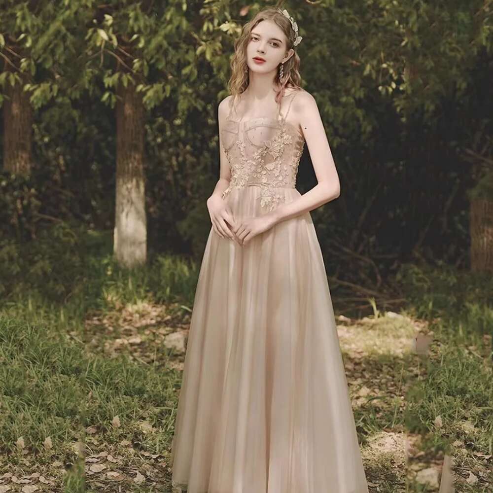 Stylish Champagne Spaghetti Appliques Night Back Lace Up Ankle And Fashion Princess Dress Ball Party prom Dresses