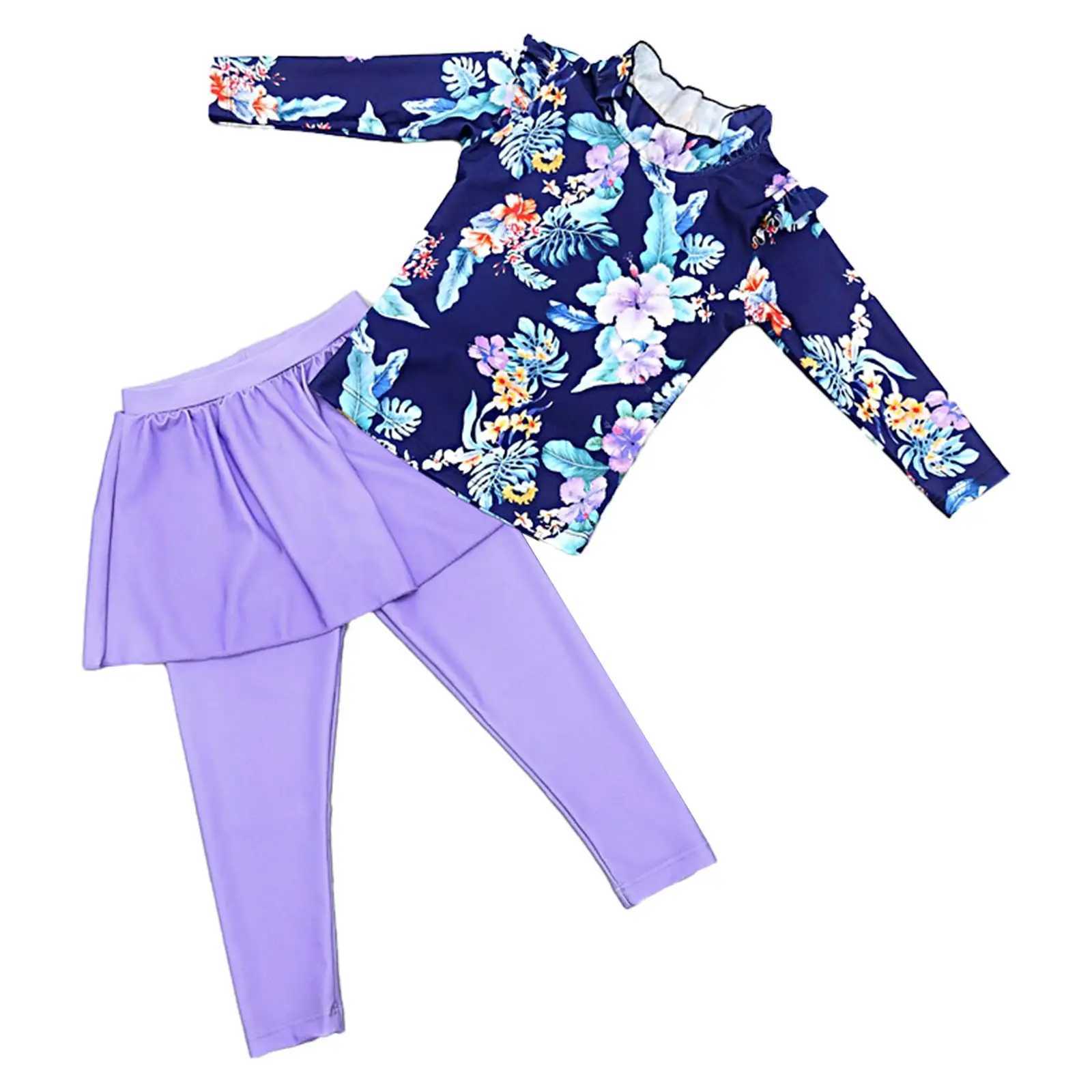 Kids Girls Swimsuit Swimwear Outfits Floral Printed Beachwear Sets Bathing Suit Long Sleeves Tops with Skirted Pants Rash Guard X250224