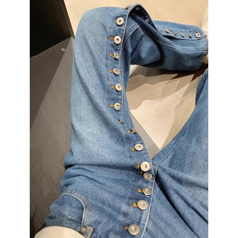 American Breasted Vintage Blue Wash Jeans Woman Y2K Streetwear Hip-hop Loose Casual Harajuku High Waist Straight Jeans 250225