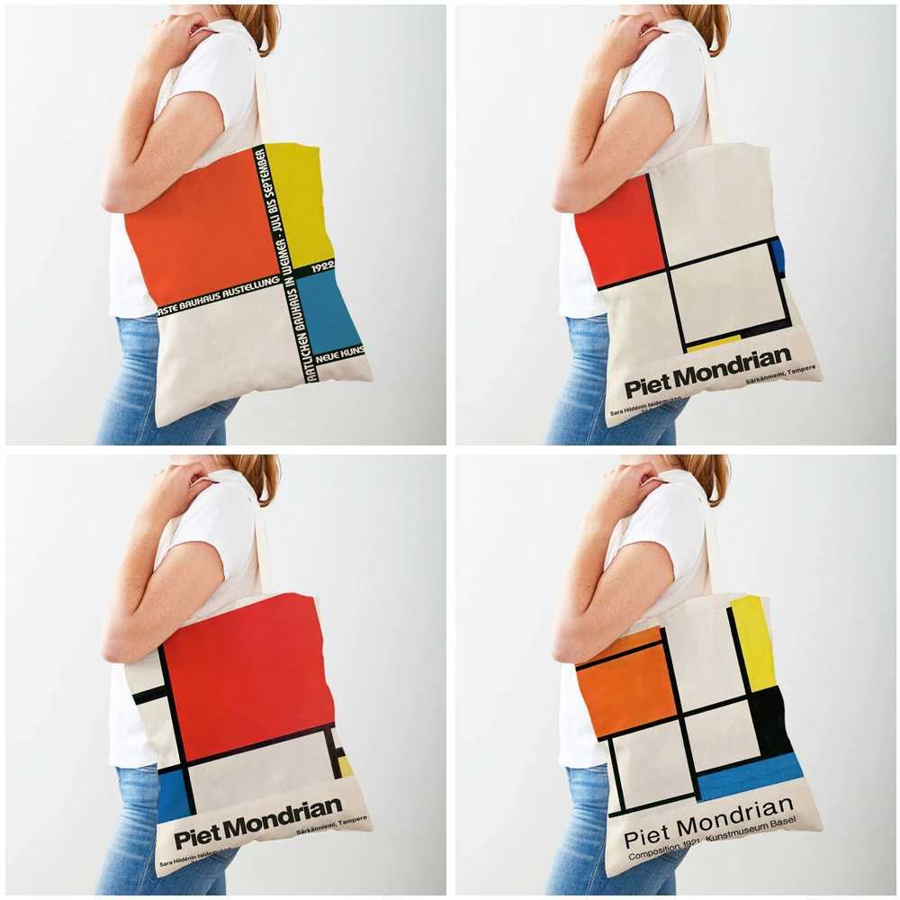 Piet Mondrian Geometric Line Color Block Double Printing Shopping Bag Womens Shopping Bag Womens Canvas Handbag Reusable Travel Bag Z250224