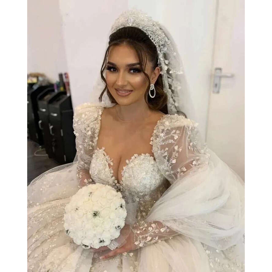 3D Ral Wedding Dresses Long Sleeves Applique Sheer Neck Arabic Bridal Gowns For Women Princess Vestido De Noiva