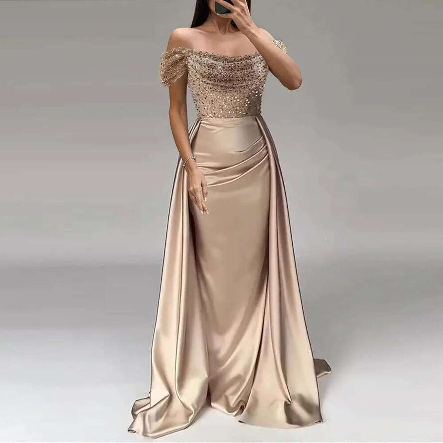 Prom Champagne Dresses Off Shoulder Sequined Lace Appliques Beads Mermaid Long Overskirts Party Evening Gowns Plus Size Special Ocn Dress