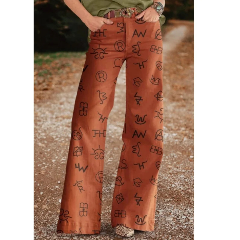 Womens Jeans Regular Print Pattern Casual Belt Pants Loose Retro And Casual Retro Pop Womens Long Jeans Lazy Feeling 250224