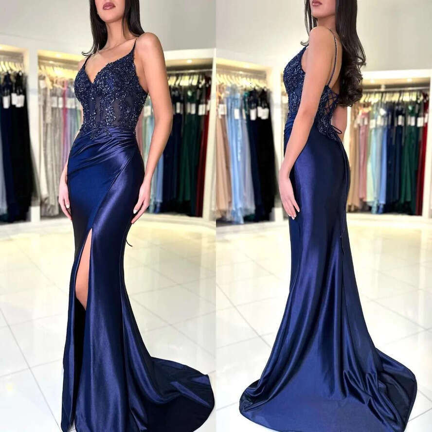 Navy Blue Mermaid Prom Spaghetti Beads Appliques Evening Elegant Dresses Split Bridesmaid Dress Satin Train For Special Ocns