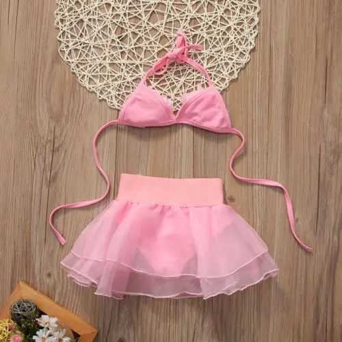 1-6 Years Little Girls Summer Pink Sweet Flower Swimsuit Halter Neck Floral Top + Tutu Bikini Swimsuit with Panties X250224