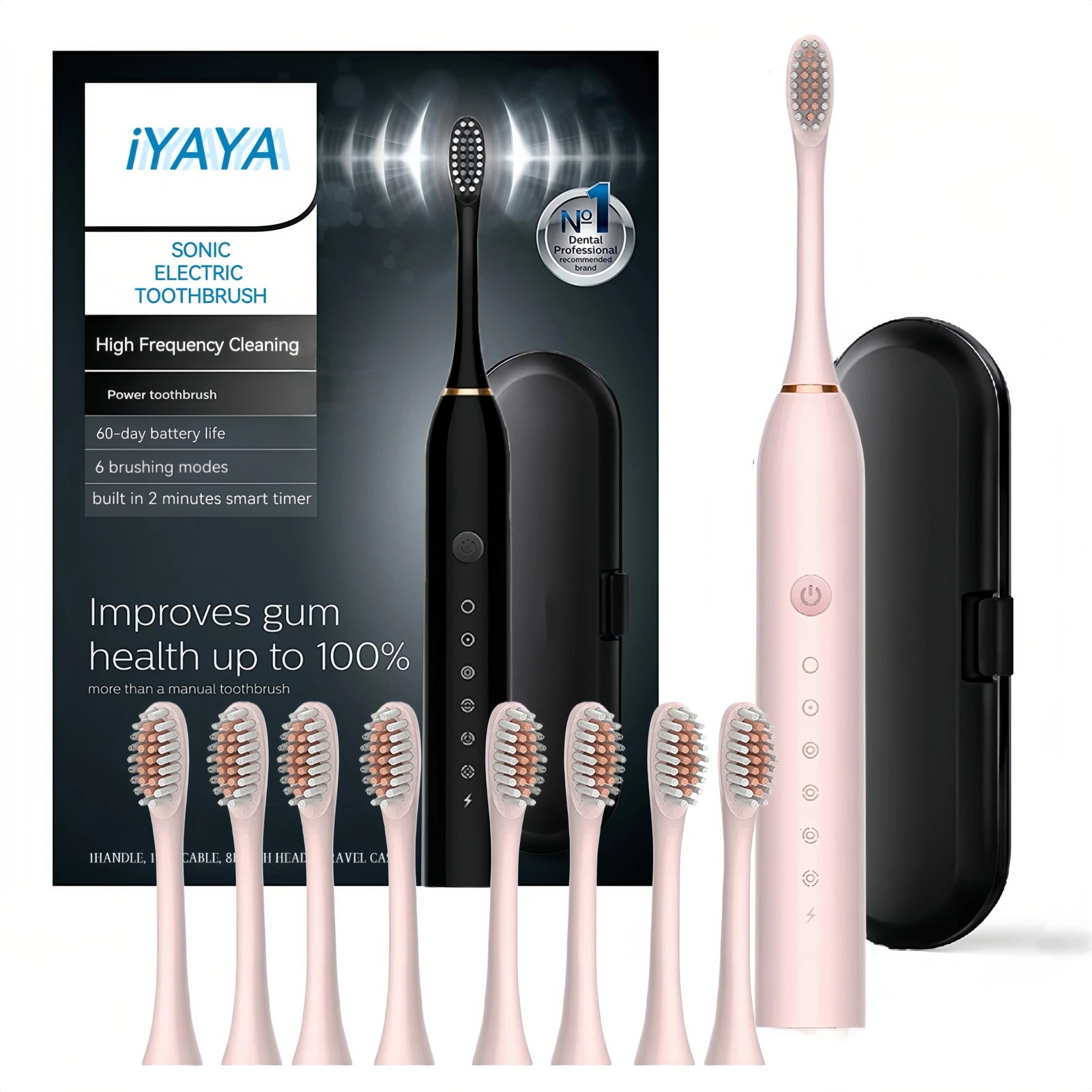 Electric toothbrush set equipped with 8 brush heads and travel case 6 modes builtin 2minute intelligent timer effective teeth a 240222