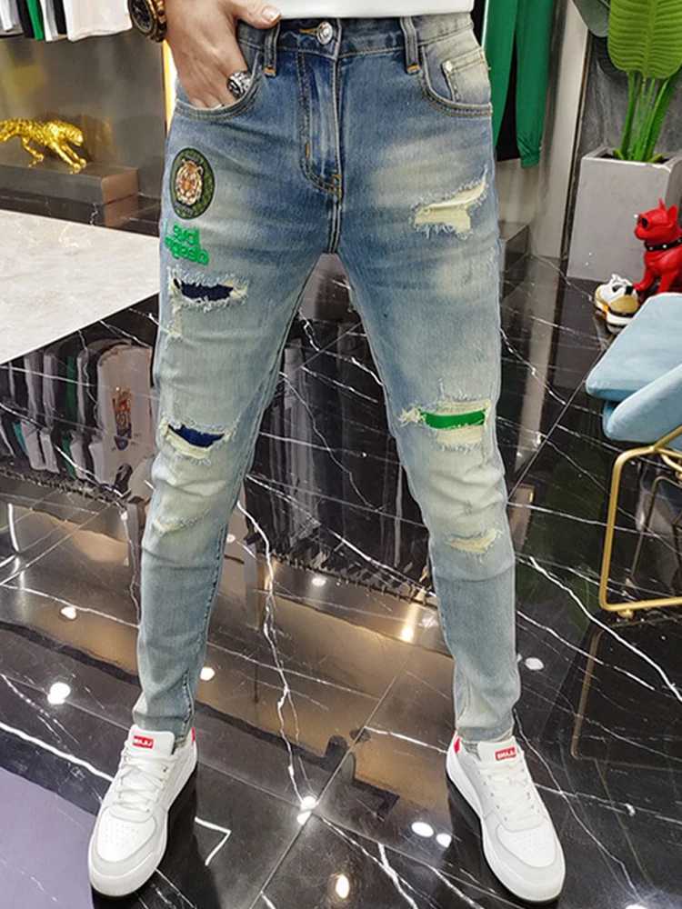 Men's Jeans New Mens Ripped Splice Jeans Embroidery Skinny Pants High Quality Slim Vintage Blue Hip Hop Jeans Streetwear Mens Denim Trousers z250