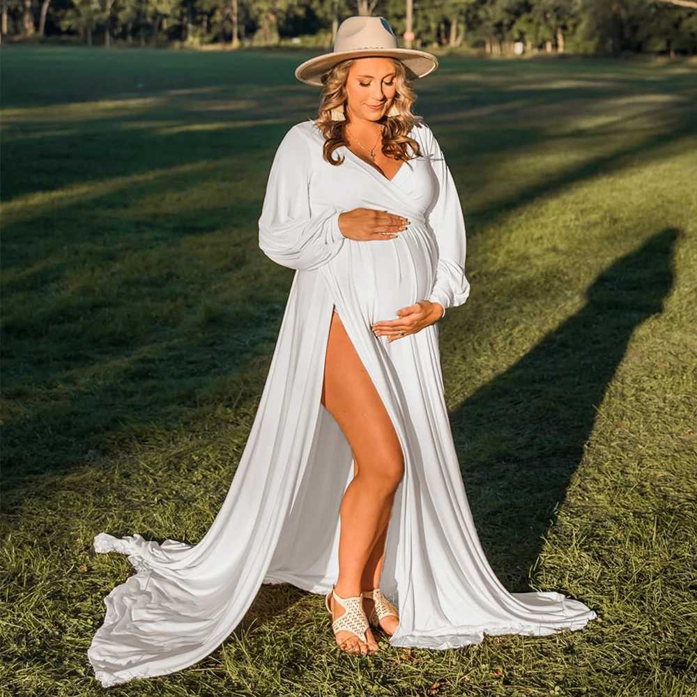 Maternity Dresses V Neck Side Slits Lantern Sleeve Elegant Maxi Gown Pregnancy Clothes Photography For Baby Shower Evening Party X250224