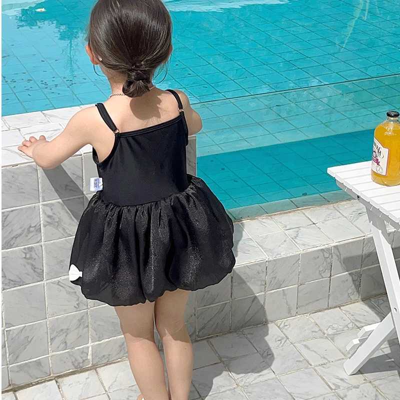 Girls Short Sleeve One Piece Swimsuit Swimming Cap Set Three Bow Suspenders X250224