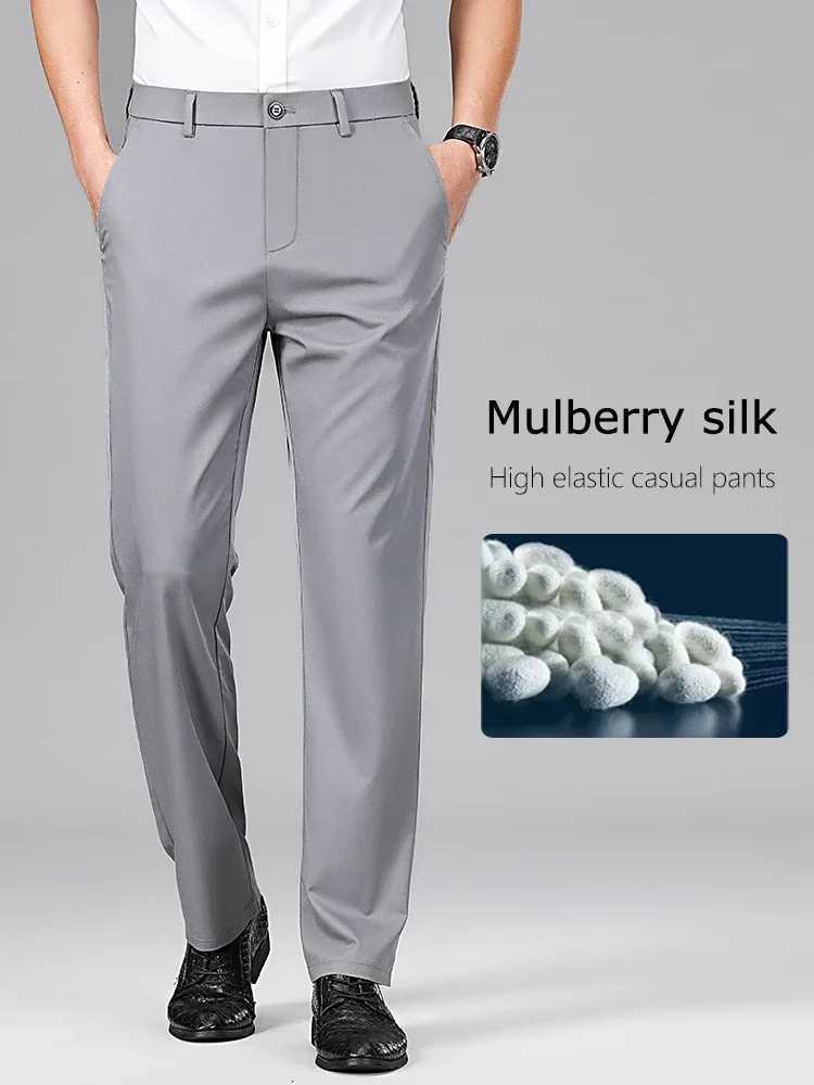 Classic Luxury Mens Mulberry Silk Suit Pants Thin Stretch Slim Fit Comfortable Male Brand Clothing Casual Trousers W250225