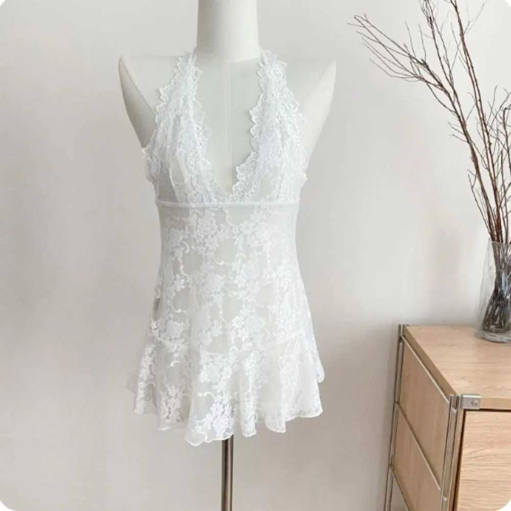 Fashion Transparent Lace Halter Dress V-neck Beachwear Lace-up Short Skirts A-line Spicy Girl Style Dresses Women ClubXJ250224