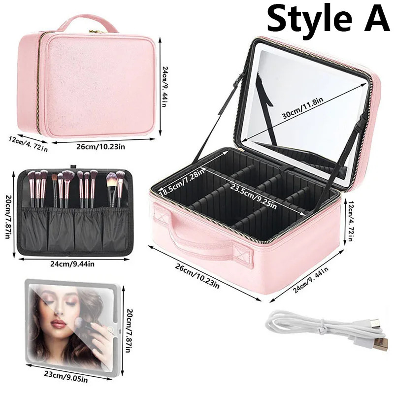 LED Lighted Cosmetic Case With Mirror PU Leather Portable Travel Makeup Storage Bags Waterproof Travel Makeup Bag 250224