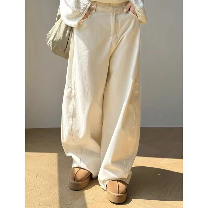 Fashion Simple Plain White Baggy Jeans Women y2K All Match Solid Pockets Wide Leg Straight Lady Denim Pants Casual Loose Trouser 250222