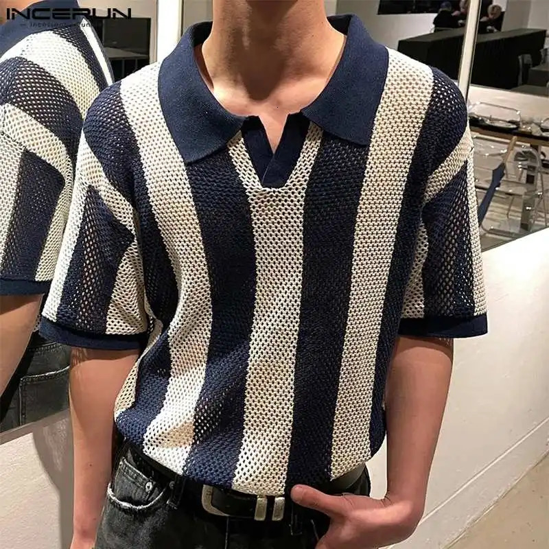 INCERUN mens summer hollow striped top casual mens lapel short sleeved shirt S-5XL top three way oversized chemical 250222