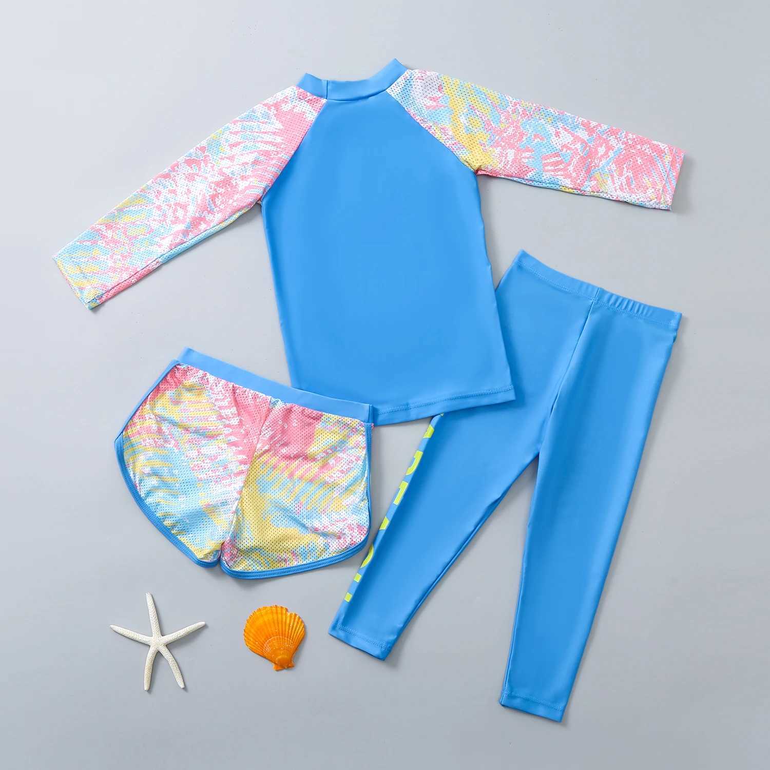 New childrens swimsuit girls long sleeved three piece quick drying swimsuit for student sports X250224