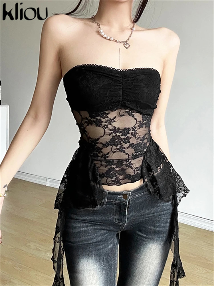 kliou Summer Women Bare Midriff Sexy Club Lace Crop Tops K24L42811 Embroider Chest Wrapping Slimming Tube All-match Vest 250224