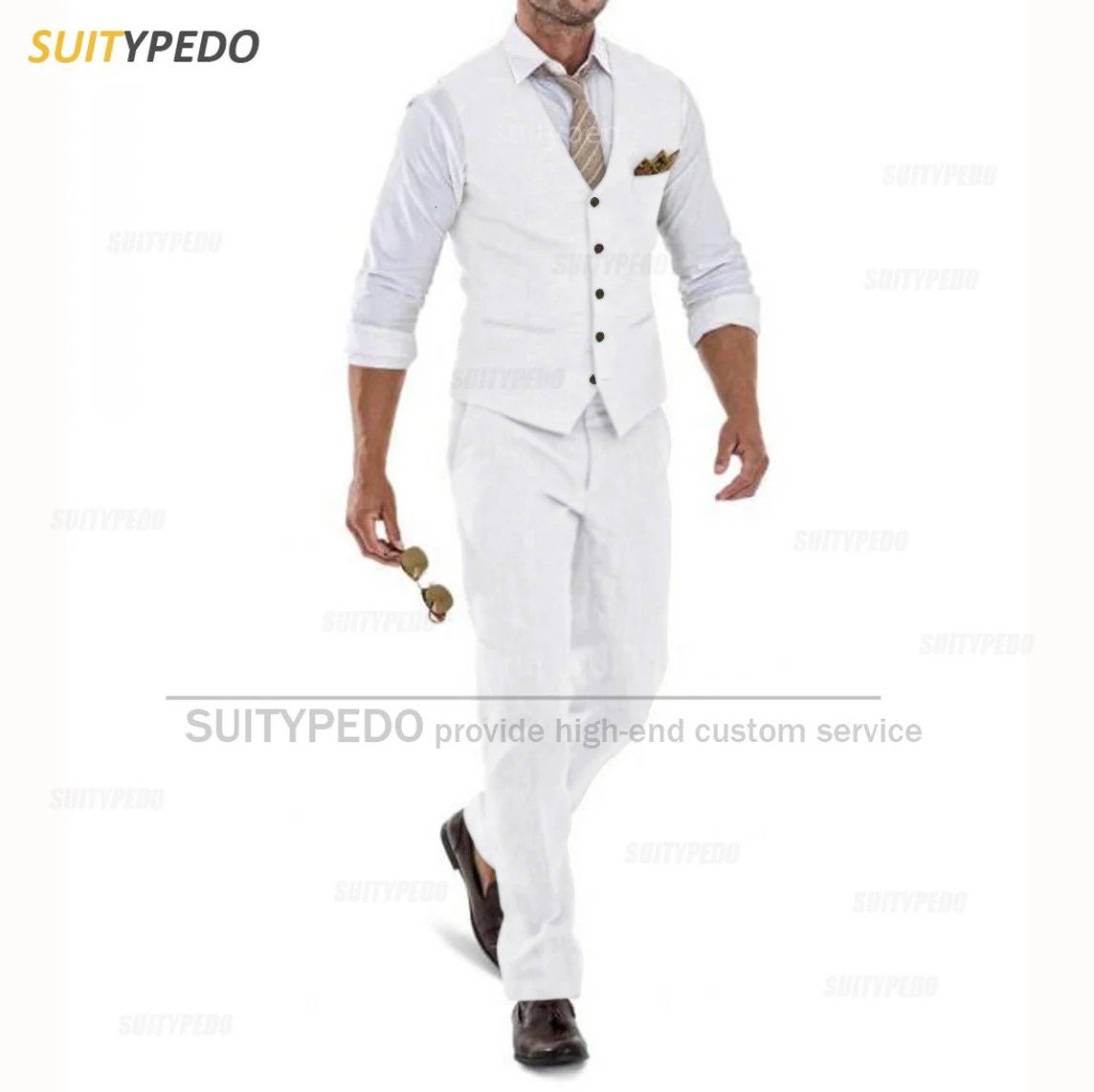 Linen Casual Slim Fit Ivory Suit Vest Pants Set 2 Pieces Business Summer Prom Wedding Tuxedos for Men Groomsmen 250222