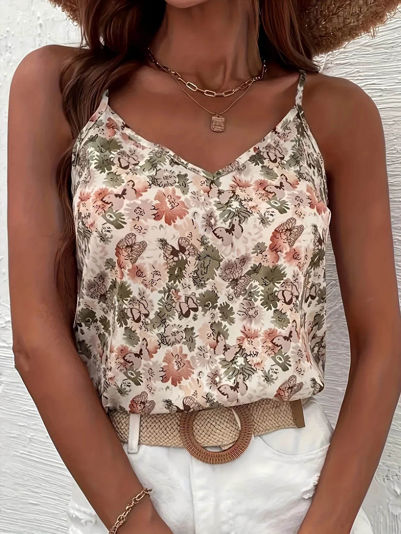 Plus Size Summer V-neck Tank Top Holiday Casual Tank Top Flower Print Womens Plus Size Clothing 250224