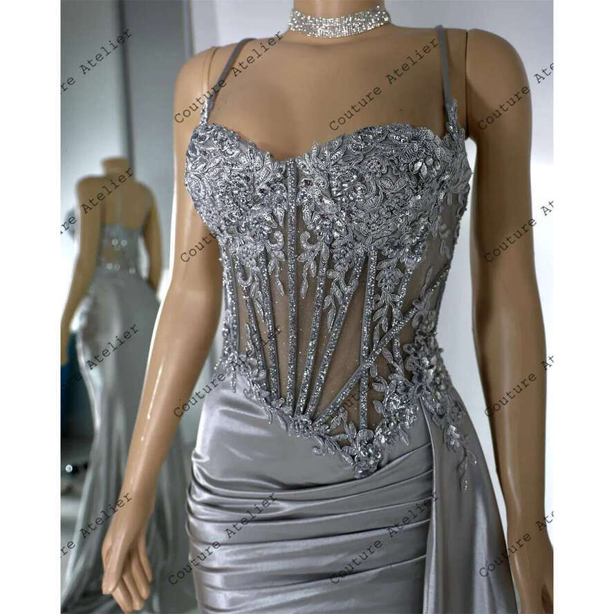 Sier Bbeaded Spaghetti High Split Prom Dresses For Black Girls Mermaid Elegant Dress Special Party Formal Gowns Satin Arabic